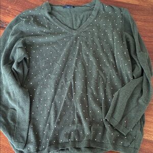 Tommy Hilfiger Olive V-Neck Sweater with Metallic Dot Accents